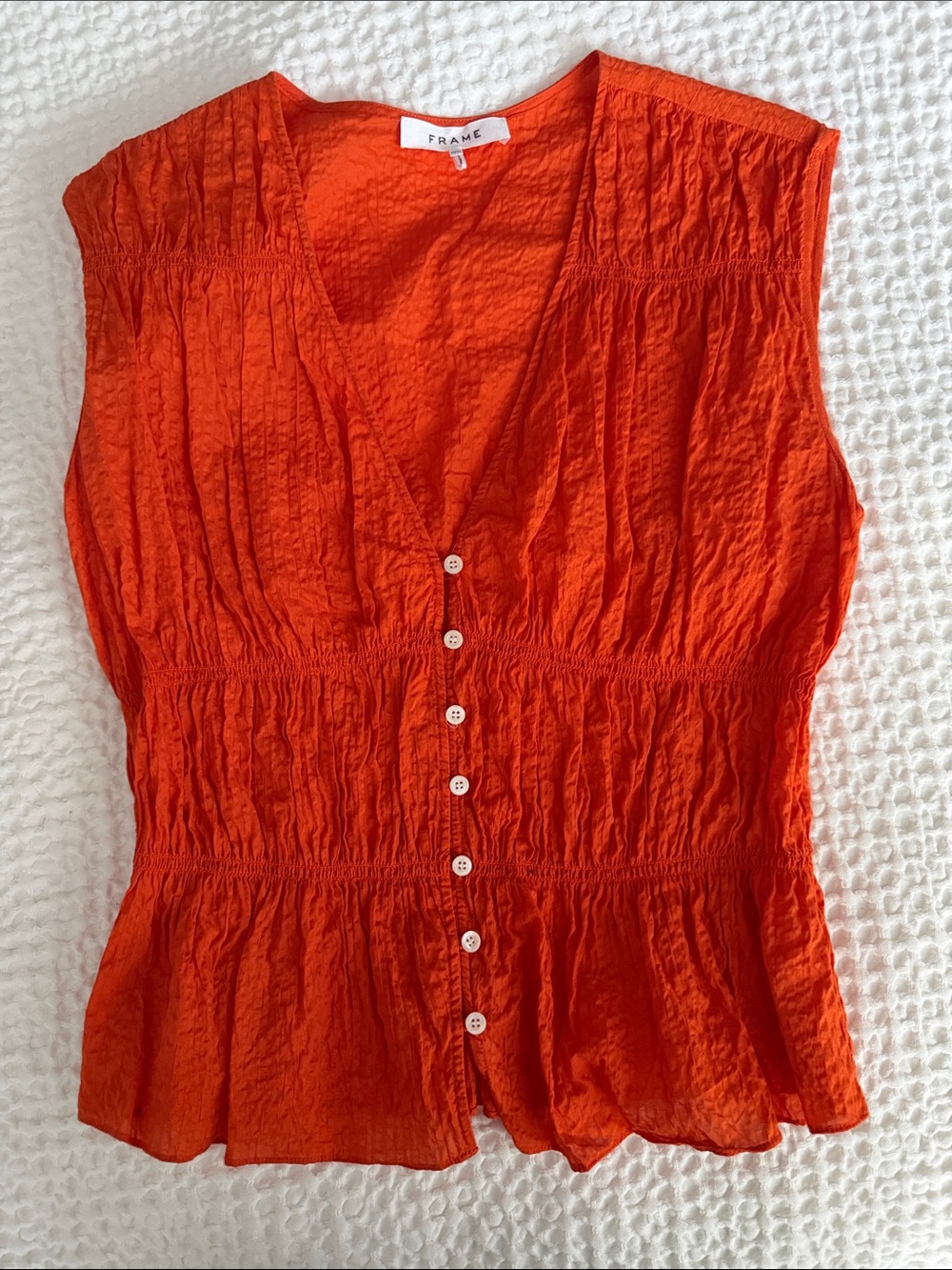 Frame Denim Women's Sleeveless Button-Front Top in vibrant Bright Orange